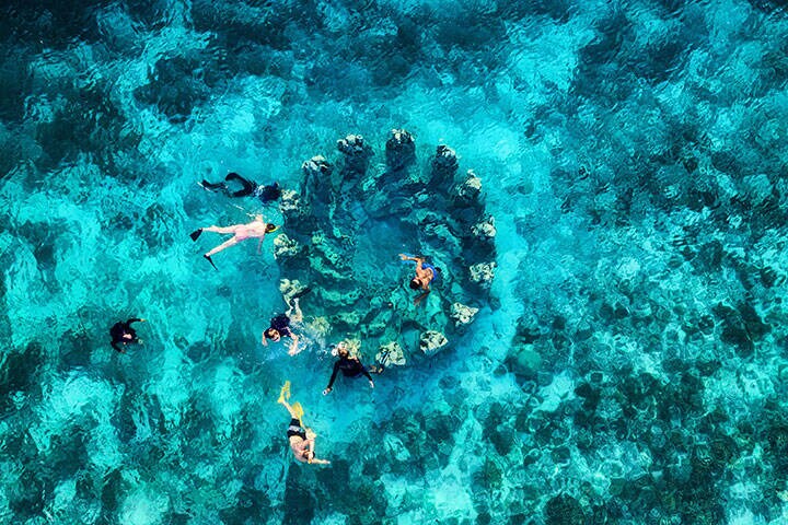 The people are snorkeling near the famous place on Gili Meno Island, Indonesia. Aerial view. Underwater tourism in the ocean. Gili Meno Island, Indonesia. Travel - image