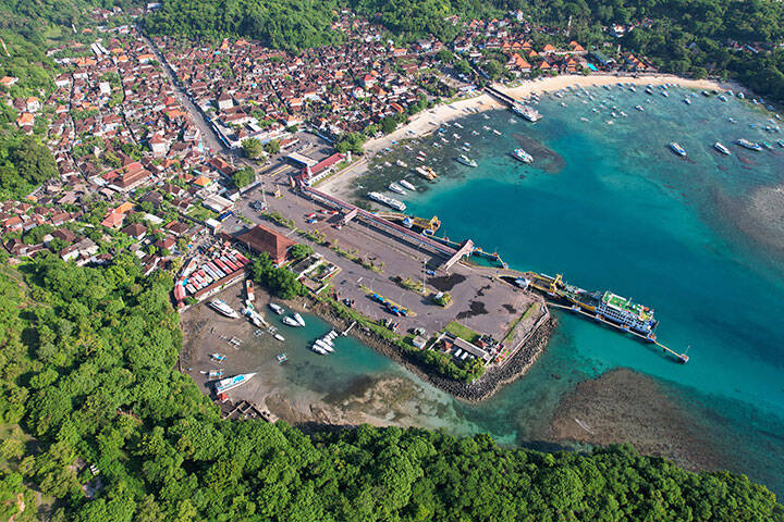 Aerial view of Padangbai on sunny day. Manggis, Bali, Indonesia.