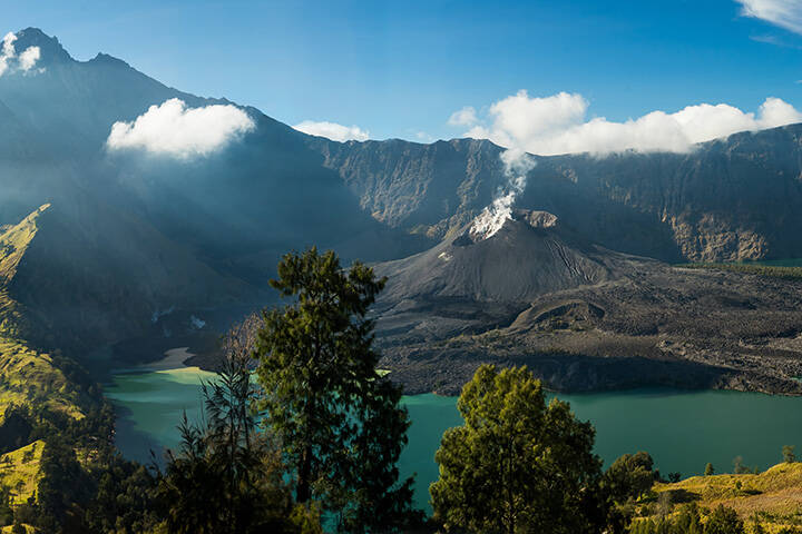 View of Crater lake and volcano summit of Gunung Rinjani in Lombok