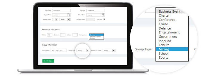 GSO interface screen showing group type and reason for travel.