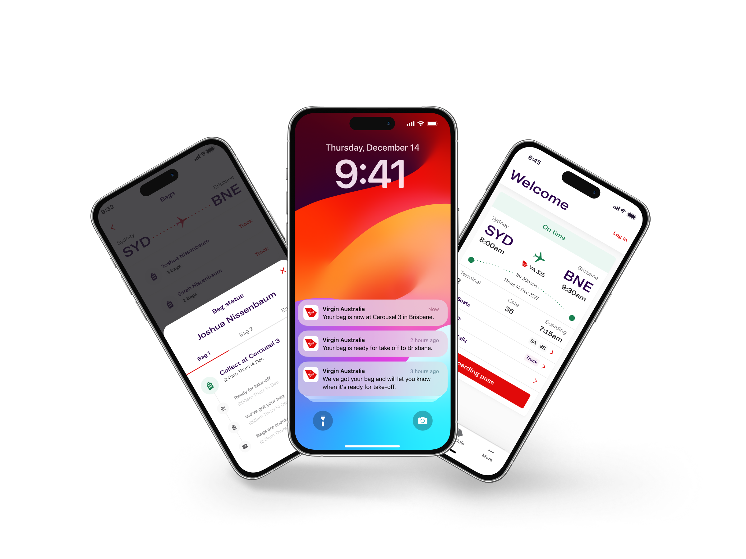 Three smartphones displaying the interface of the Virgin Australia app, highlighting the features and design of the baggage tracking system.