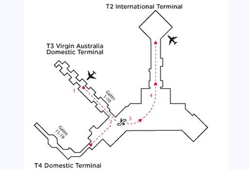 A map of Melbourne Domestic Airport illustrating the route for transferring from Virgin Australia terminal to the International terminal, featuring clear pathways and key landmarks.