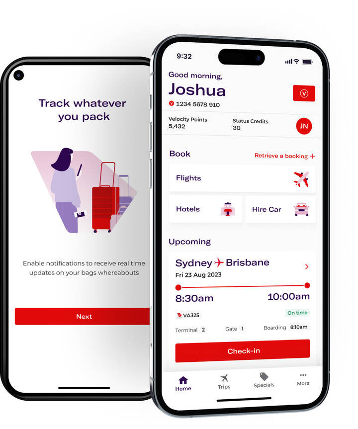 Virgin Australia mobile app interface displaying features for baggage tracking and flight tracking, designed for customer convenience.