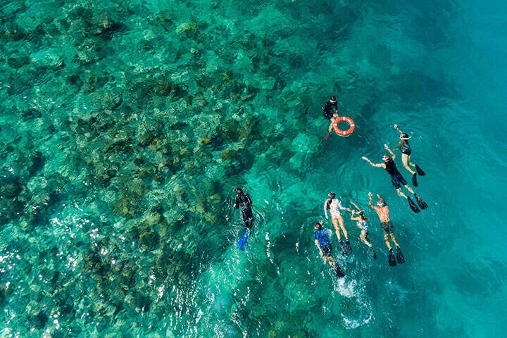 Aerial view of a Master Reef Guide leading guests on an Adventure Drift Snorkel Tour at Opolu Reef
