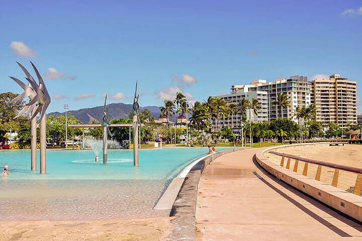 View of the free Cairns Esplanade Lagoon and building