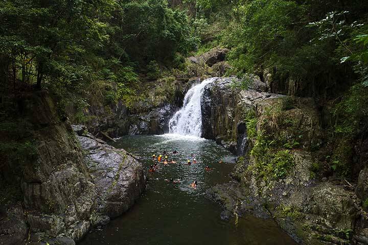 Aerial view of a group swimming in water, beneath Crystal Cascades waterfall on a Cairns Canyoning tour
