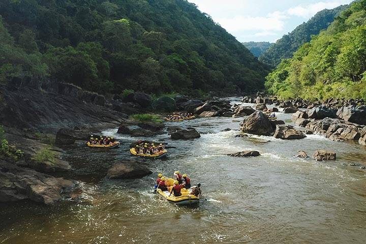Aerial view of a white water rafting along the Barron River