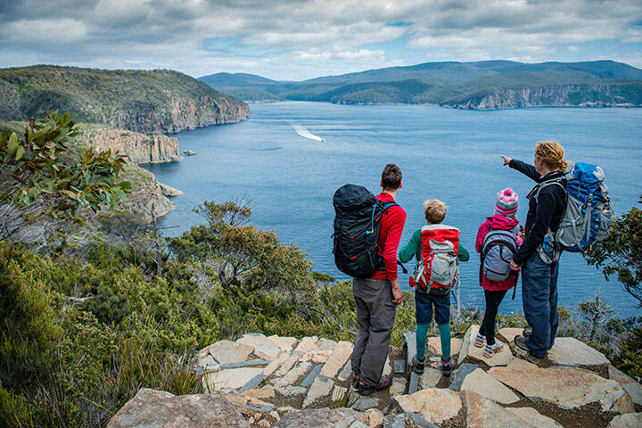 A family enjoying the scenic view from the Three Capes Track, Cape Hauy